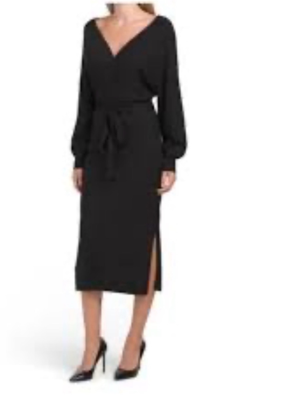 Taylor Dresses Black V-Neck Long Sleeve Belted Midi Dress